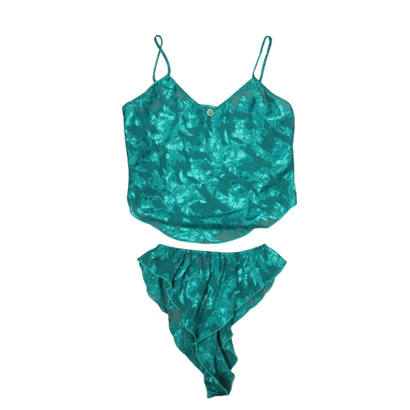 Vintage 90s Colesce Collection emerald green floral lace cami set M